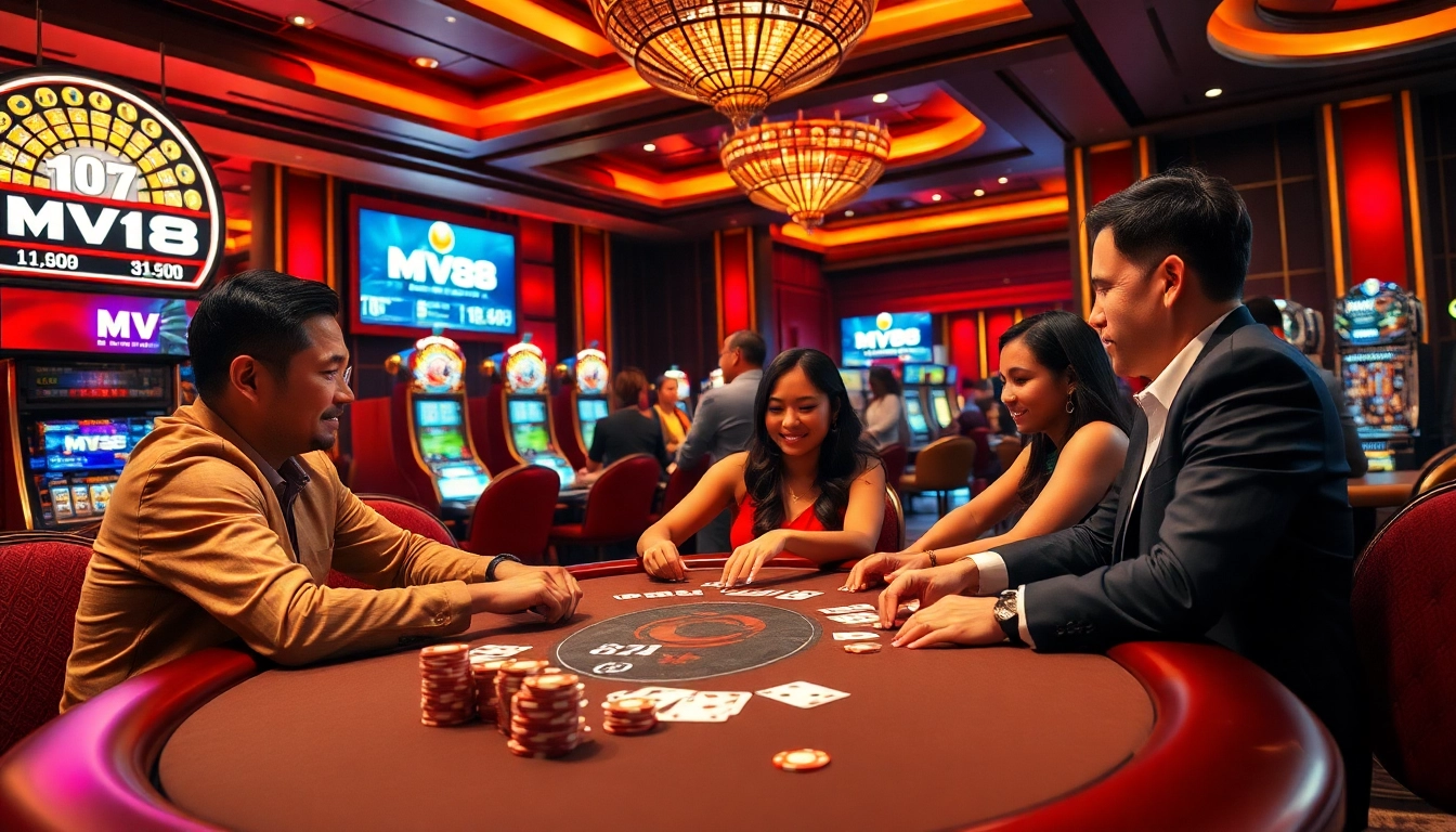 Gambling excitement at using MV88 for online betting strategies in a luxurious casino setting.