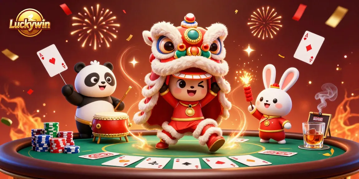 Experience the excitement of Luckywin with a lively casino scene featuring vibrant characters and poker elements.