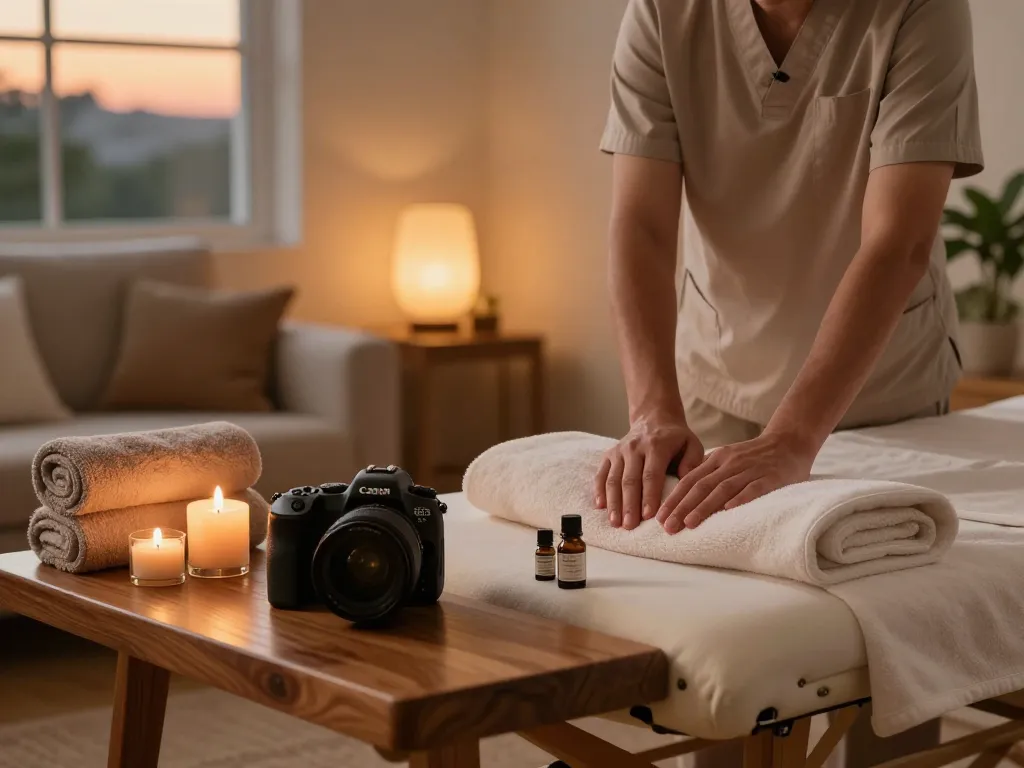 Premium home massage setup by https://www.maxim-anma.net with essential oils, soft linens, and calming ambiance.