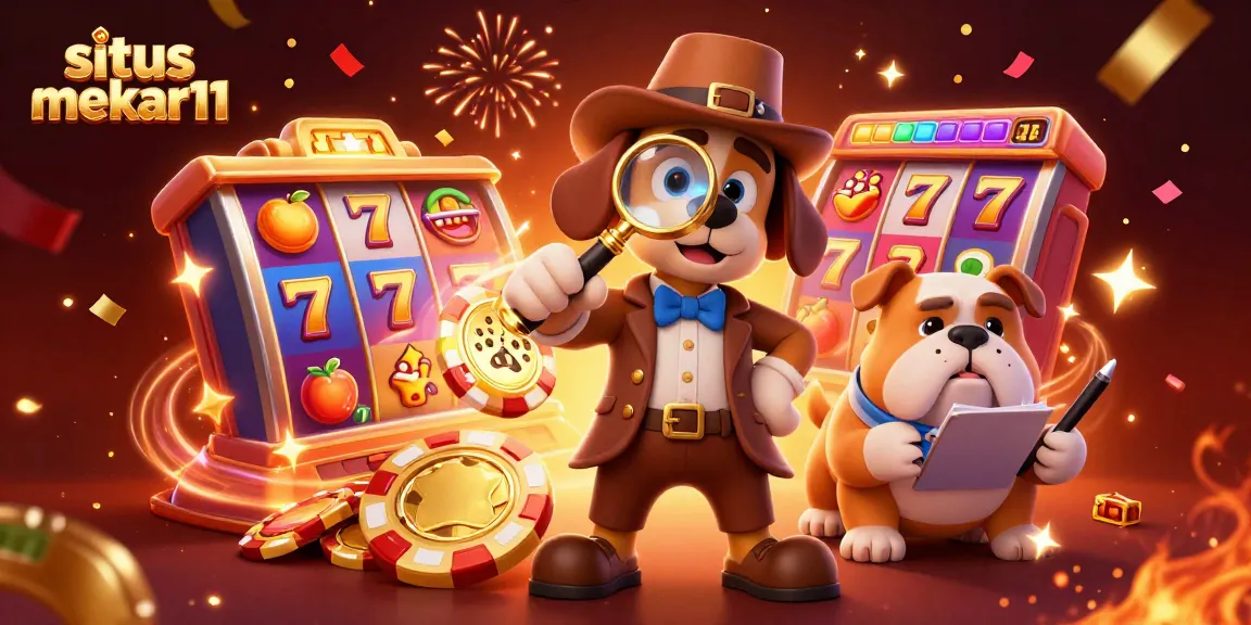 Engage with the thrilling slots at situs mekar11, featuring a playful scene with detective characters and vibrant casino elements!