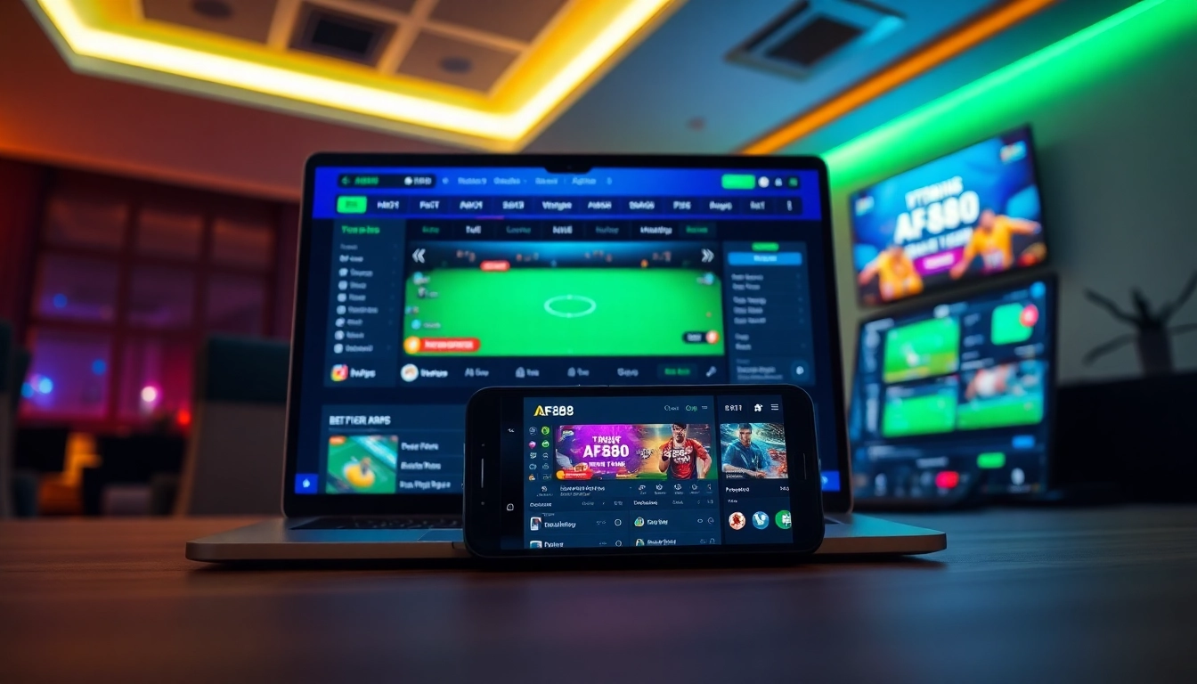 Engaging AF88 online gaming interface with app and desktop dashboard
