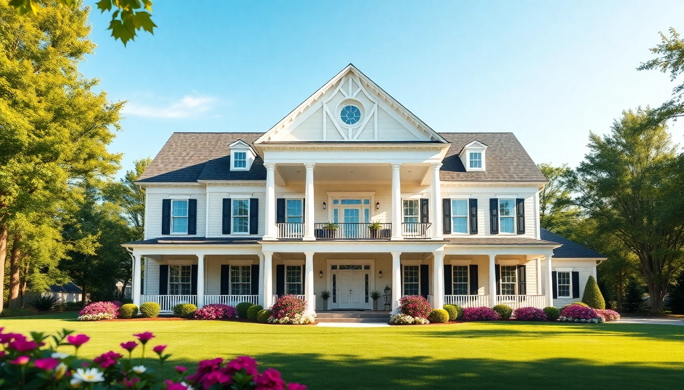 Beautiful colonial home new build construction with elegant architecture and vibrant garden.