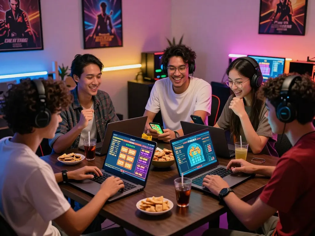 Friends enjoying a lively Togel 4D online gaming session with excitement and camaraderie.
