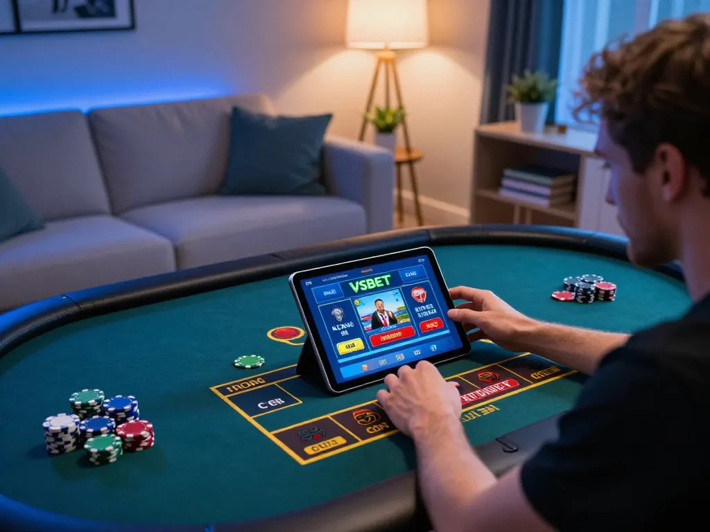 Player using Vsbet casino app on tablet in cozy home setup amidst poker chips and betting notes