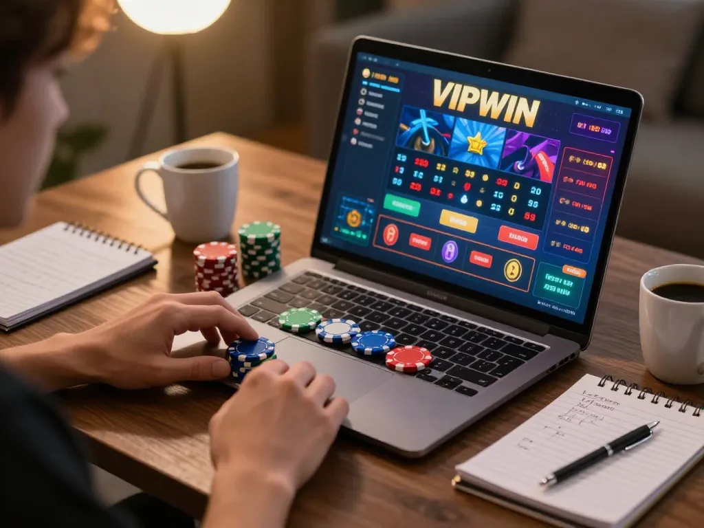 Engaged player enjoying a VIPWIN online gaming session, placing bets with colorful chips.