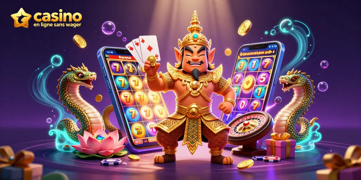 Illustration d'un gardien thaï en armure dorée, symbolisant le casino en ligne sans wager avec des éléments de jeu colorés.