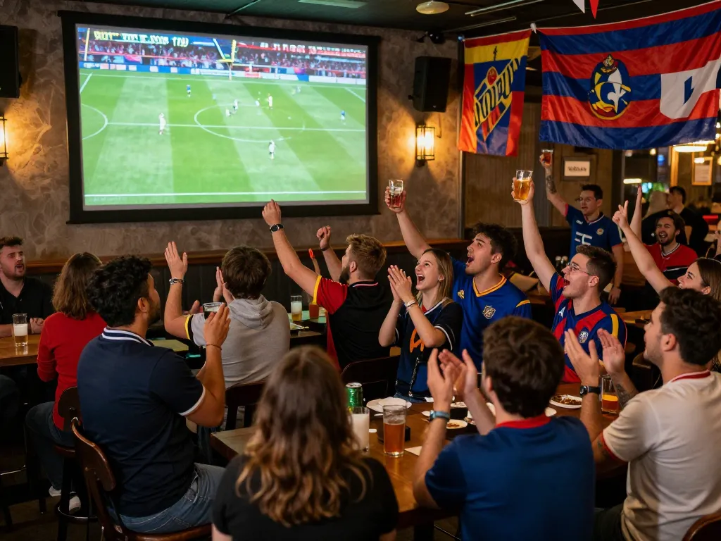 Xoilac fans cheering during a live football match at a sports bar, creating an electric atmosphere