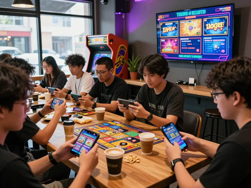 Engaged players at urban café enjoying popotogel online gaming experience on smartphones.