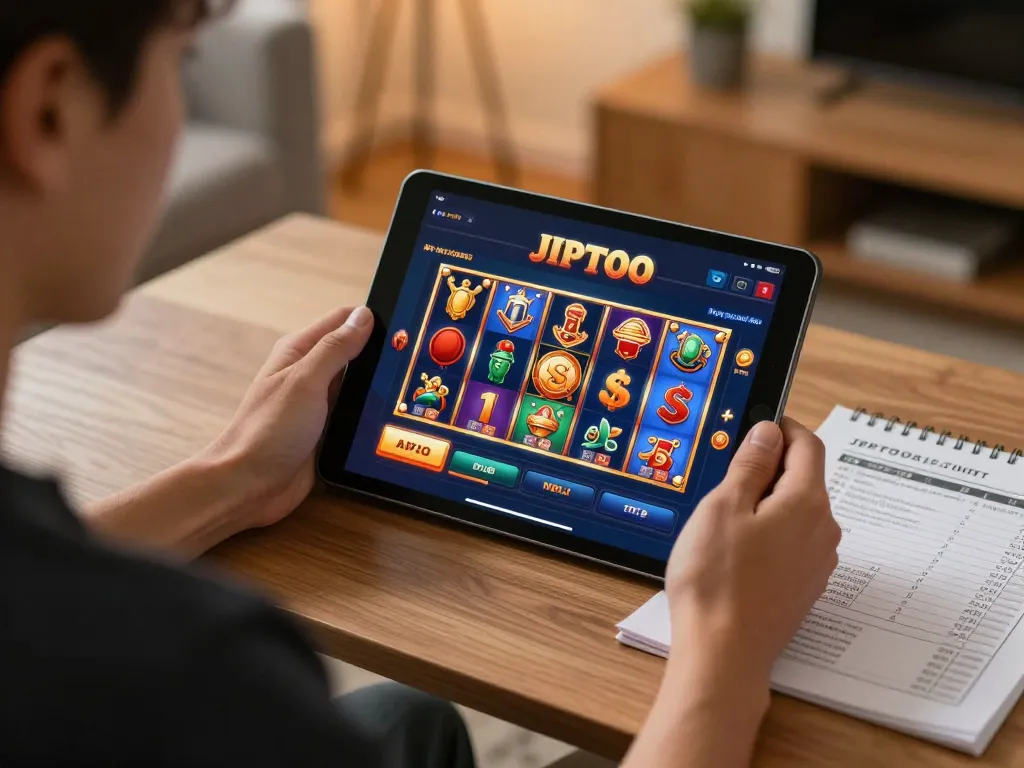 Engaging with the JPTOTO app for exciting online slots in a cozy home environment.