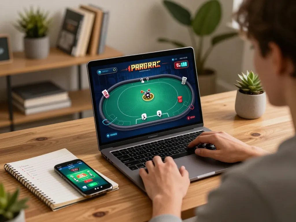 Player enjoying online poker at home, showcasing 79king gaming interface for strategic betting.