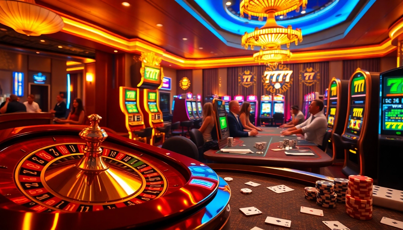 Experience the thrill of slot 777 games with dazzling casino machines and players in action.