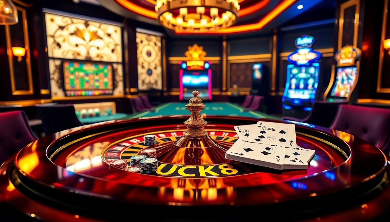 Hit the LUCK8 roulette table for an exciting casino experience with vibrant decor and polished poker chips.