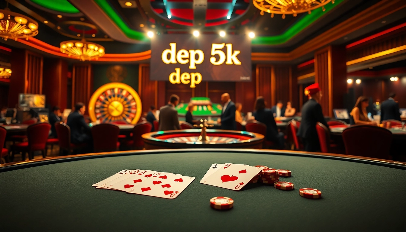 Engaging casino scene featuring the phrase depo 5k on a vibrant poker table amidst luxurious gaming excitement.