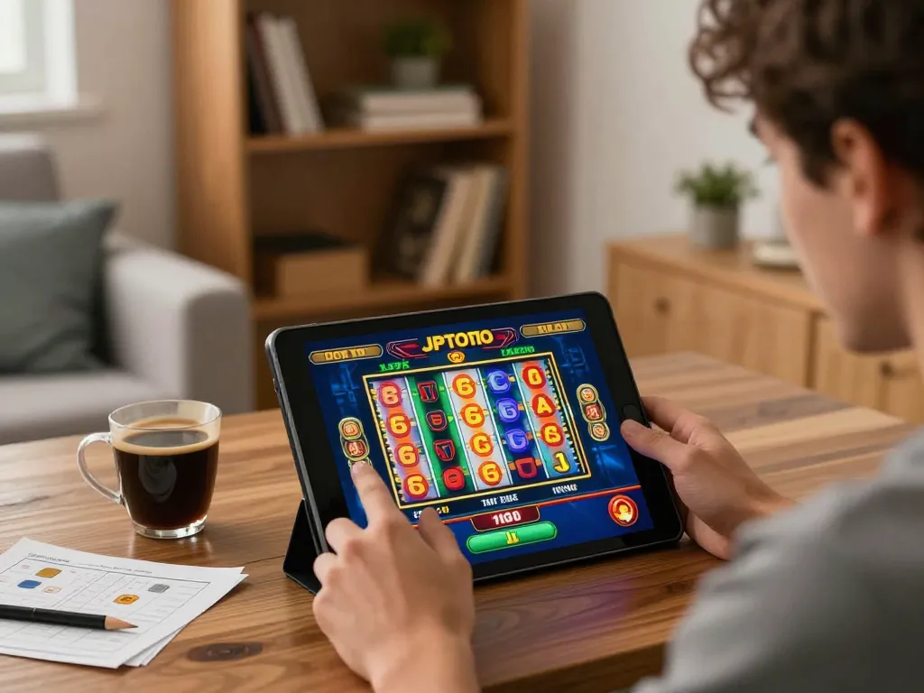 JPTOTO players enjoying an online slot game at home, showcasing vibrant gaming interface.