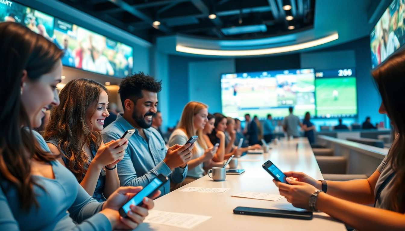 Bettors engaging with online sportsbooks California through mobile devices in a modern sportsbook venue.