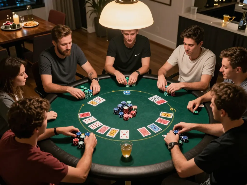 Players enjoying a thrilling poker game night at home, embodying the excitement of jun88 gaming in social settings.