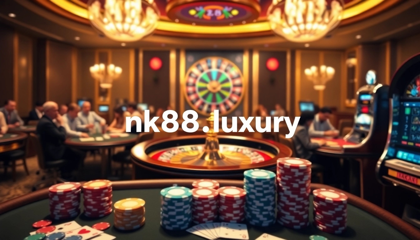 Experience high-stakes gaming at nk88.luxury with colorful poker chips and an elegant roulette wheel.