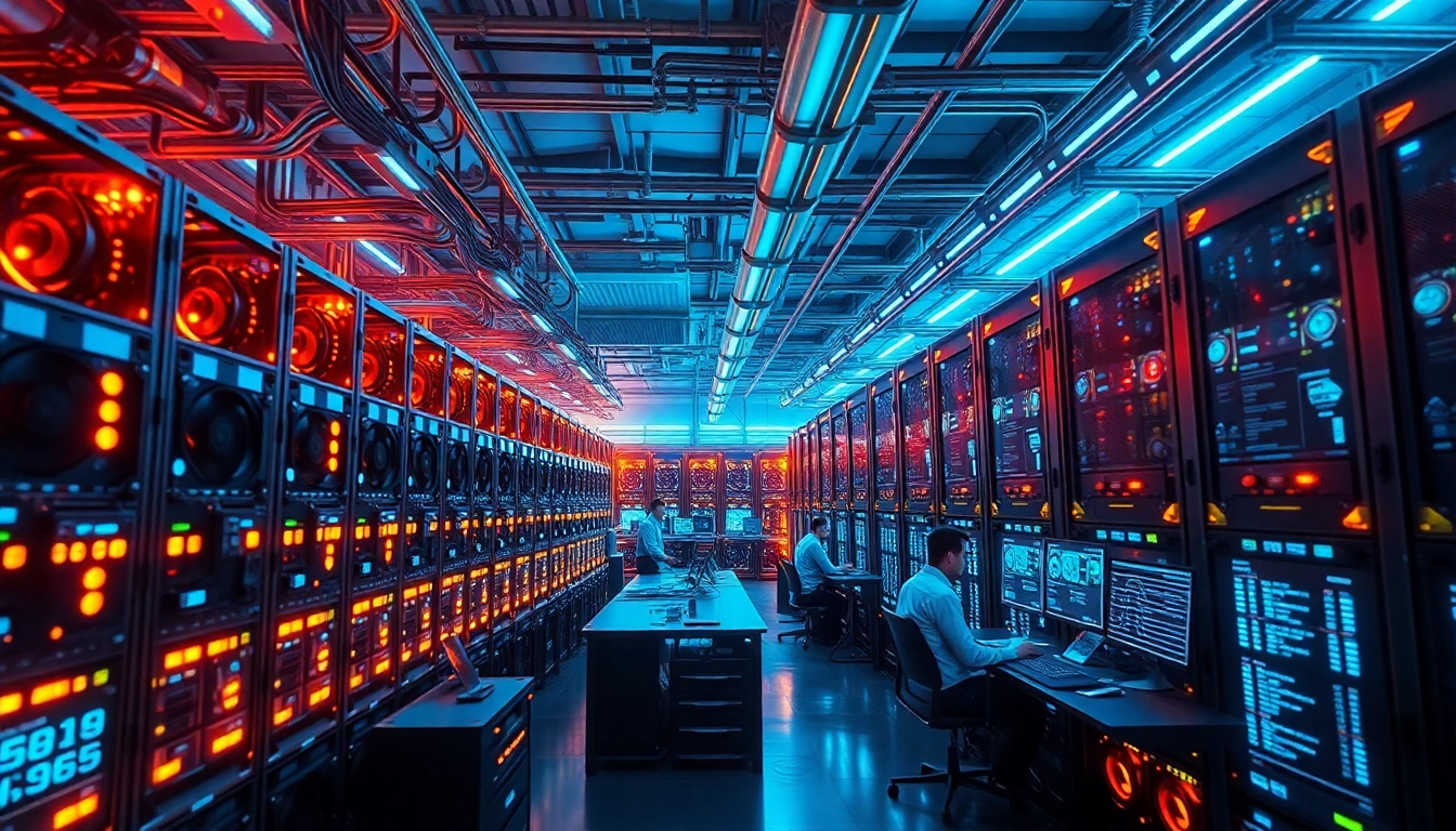 Inside a modern cryptocurrency mining facility showcasing the best crypto mining site with advanced rigs and tech professionals.