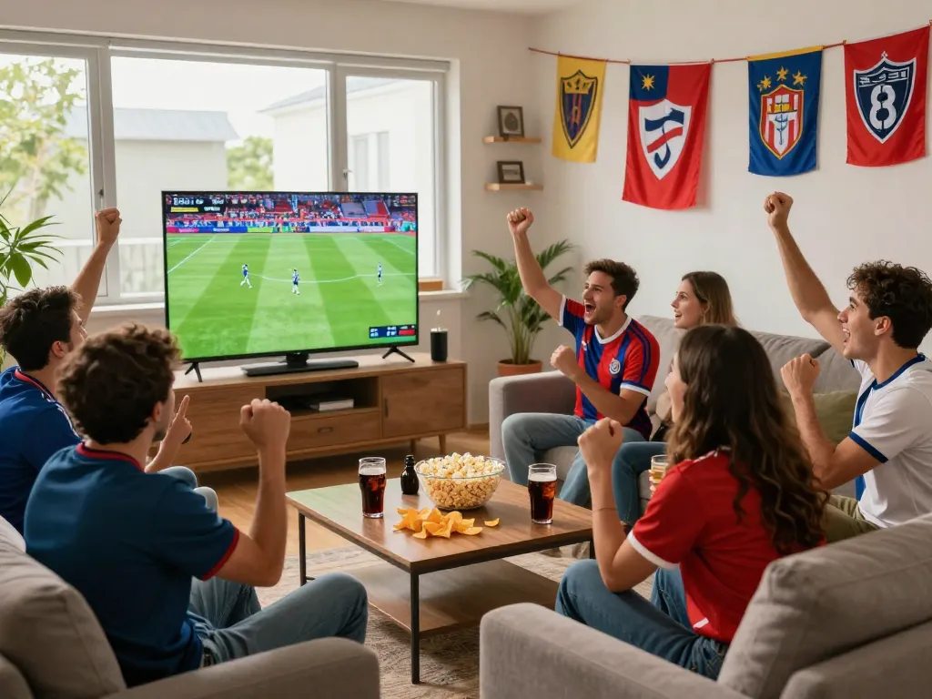 Excited viewers enjoying live football on https://cakhiatvz.live/ in a vibrant living room during a thrilling match.