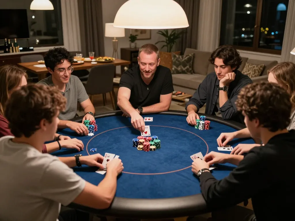 Players at a home poker night enjoying a game, showcasing bk8 gaming excitement and strategy
