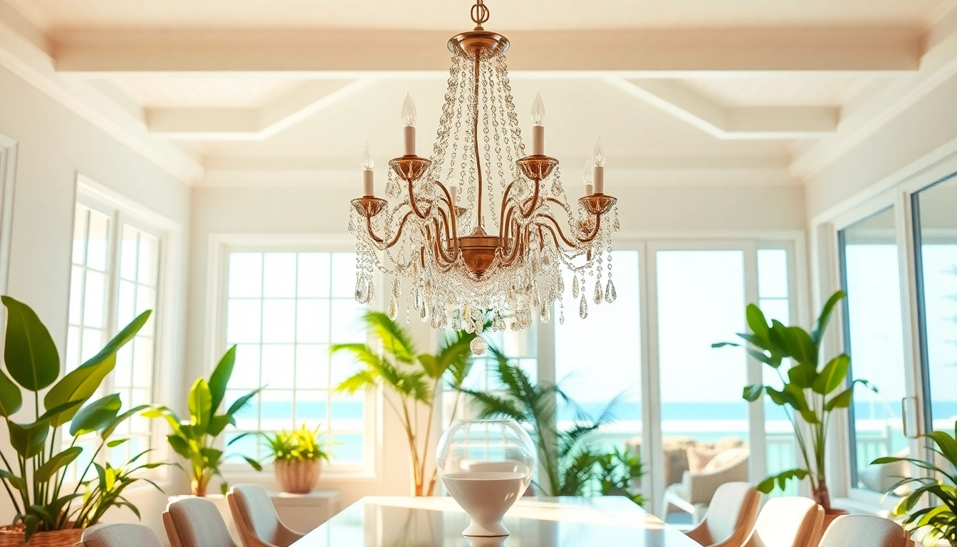 Stunning island chandelier illuminating a stylish coastal dining area with a touch of elegance.