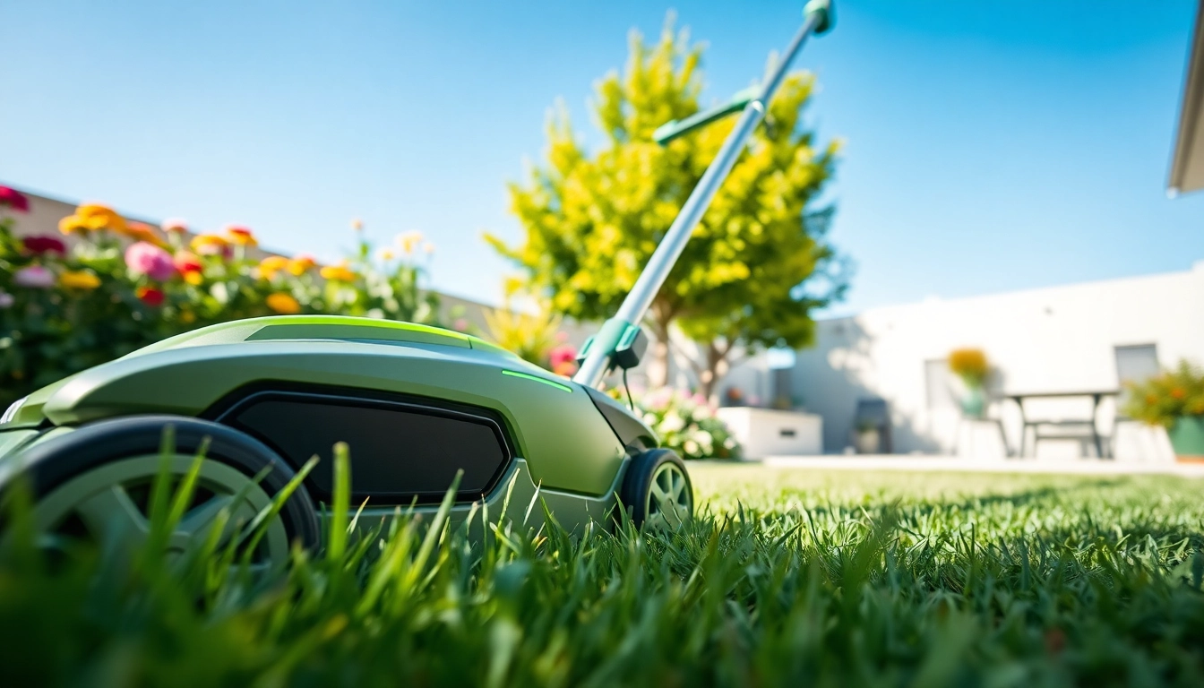Efficient electric lawn mower cordless trimming grass in a sunny backyard.