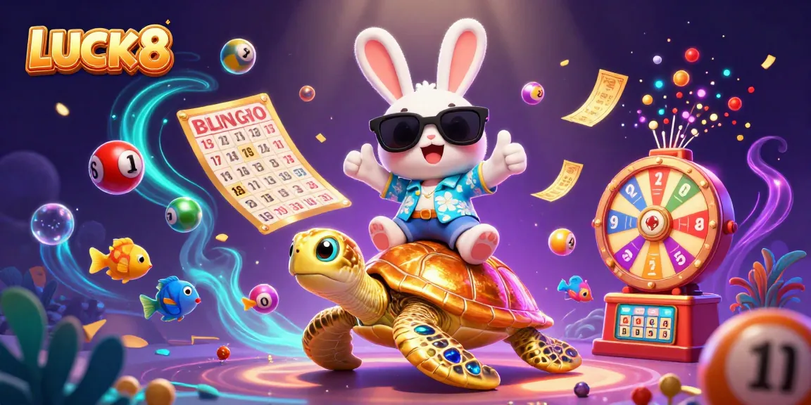 LUCK8 showcases an adorable lucky rabbit and golden turtle in a vibrant casino-themed scene.