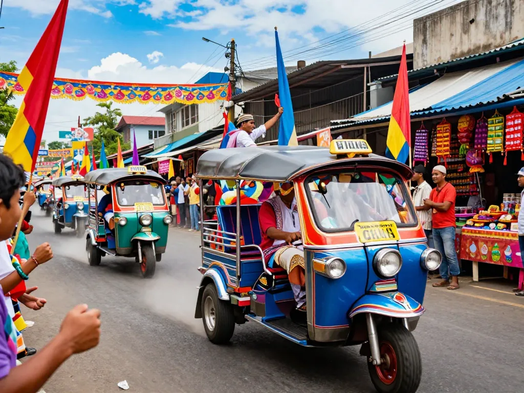 Tuk tuk drivers competition with colorful tuk tuks racing, local spectators, and exciting atmosphere.