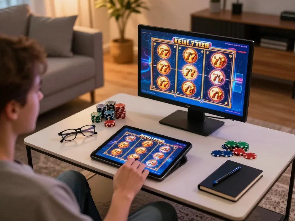 Engaging with exciting slot777 games on a tablet during a cozy home gaming session.