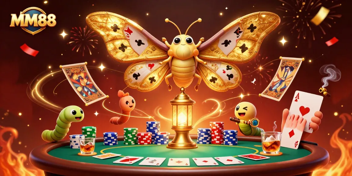 Experience the thrill of MM88 with a dynamic poker scene featuring an atlas moth and vibrant casino elements.