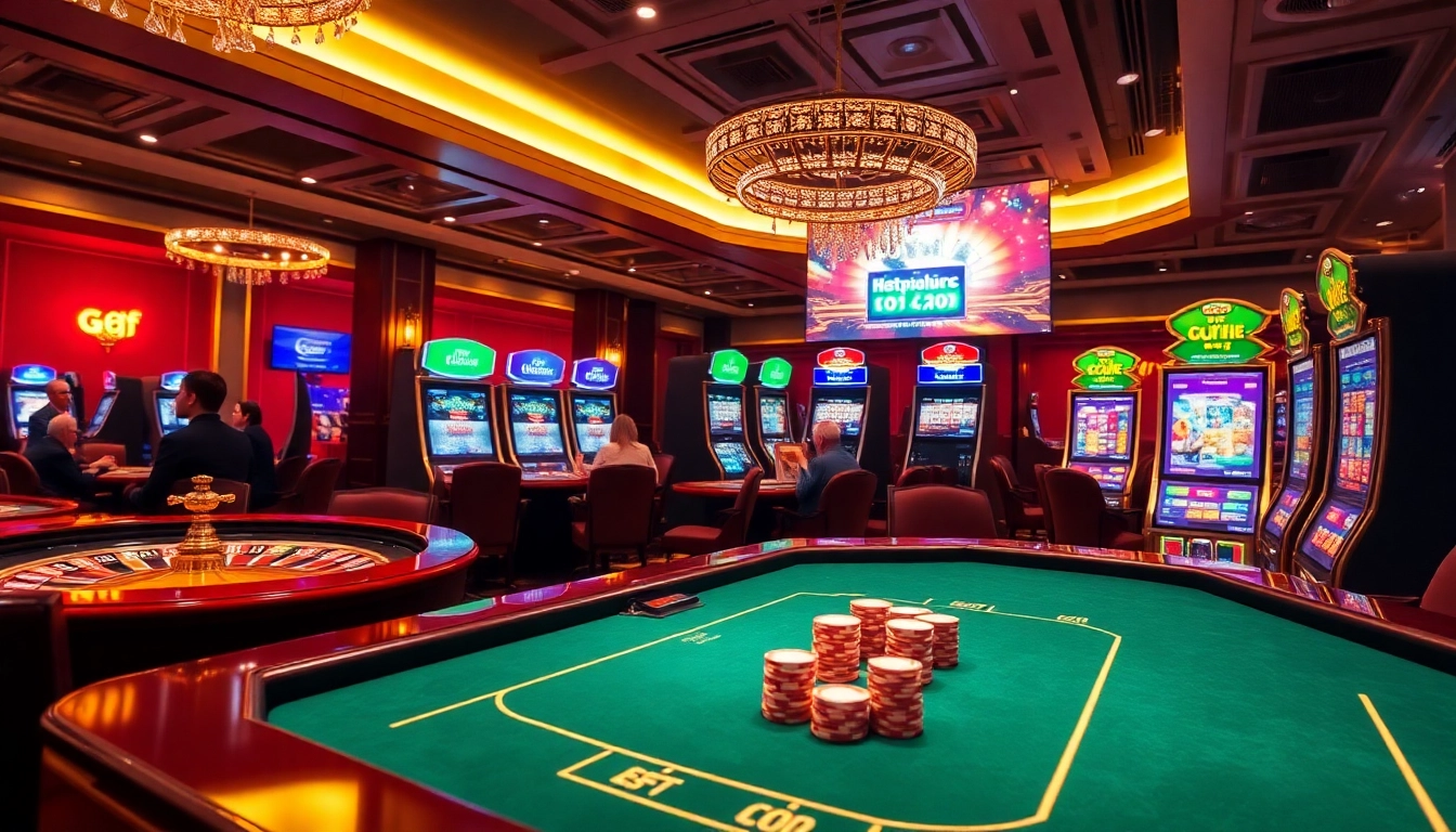 Exciting gambling scene at https://go8f.com/ with poker table, roulette wheel, and vibrant slots.