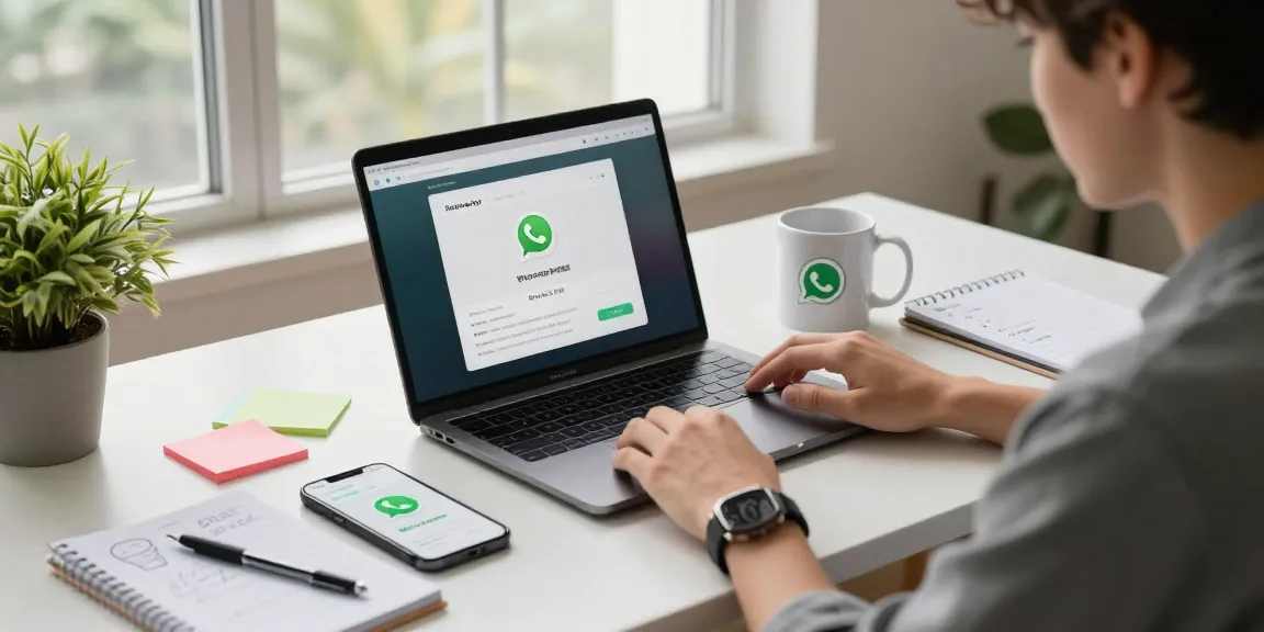 Dynamic workspace showcasing WhatsApp電腦版 interface on a laptop, modern professional desk, and productivity tools.