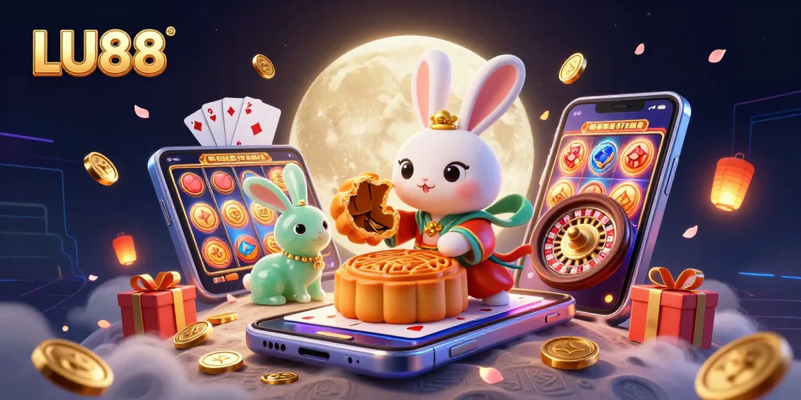 Experience thrilling gameplay with LU88, where lunar rabbits reveal poker chips in this vibrant casino art.
