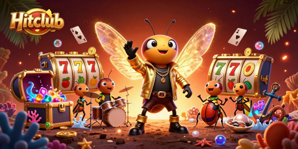 Hitclub illustrates a vibrant scene full of gold coins and slot reels, capturing the excitement of online casinos.