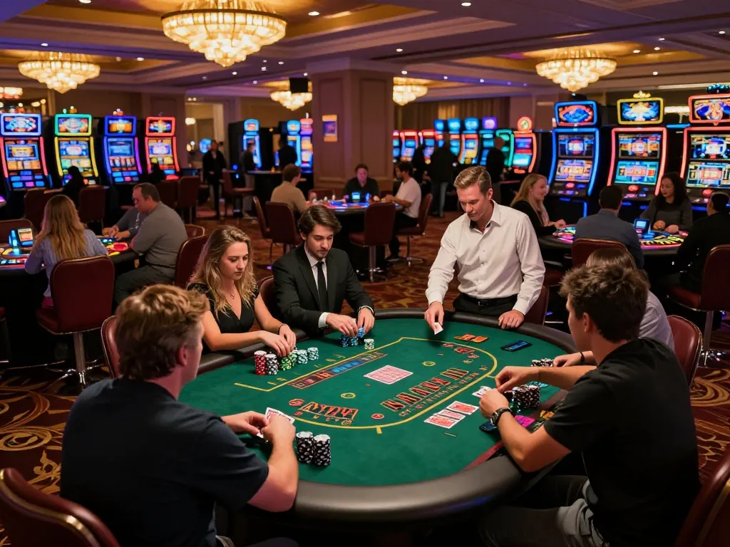 Engaged players enjoying an exciting blackjack game at MM88PC casino, showcasing vibrant atmosphere