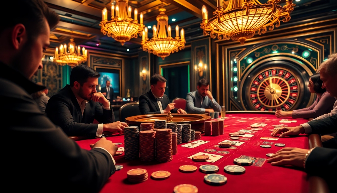 Suasana mendebarkan di aurendezvousdesamis.com memperlihatkan para pemain poker merencanakan strategi di meja kasino mewah.