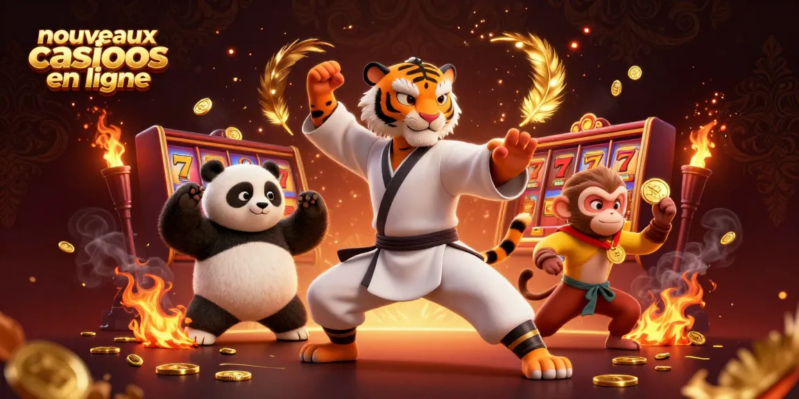 Illustration d'un tigre maître kung-fu dans un nouvel environnement de nouveaux casinos en ligne avec une ambiance festive et des éléments dorés.