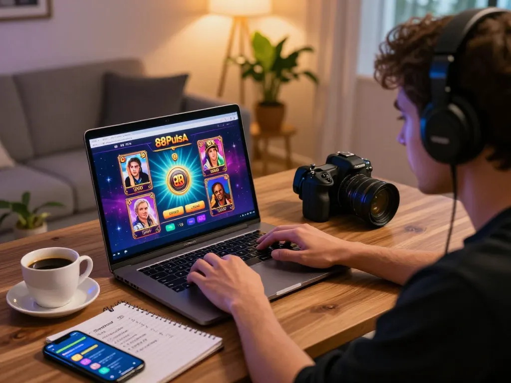 Gamer terlibat dalam aksi kasino online dengan antarmuka 88Pulsa yang menyala di layar