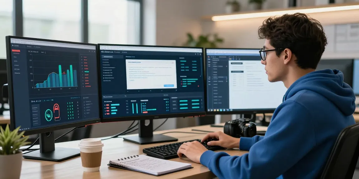Cybersecurity analyst monitoring shs-dome5.com in a modern office setting with multiple screens displaying safety metrics.