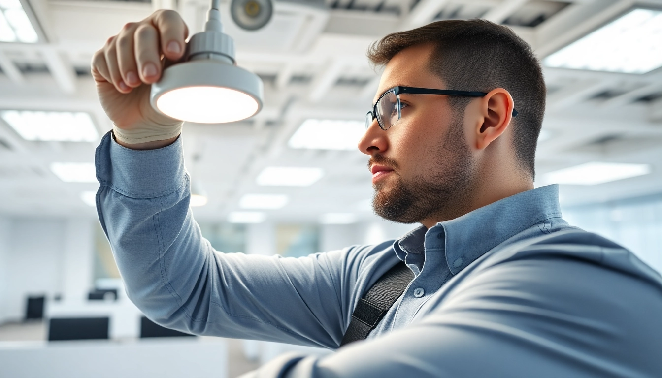 Technician conducting edmonton lighting maintenance efficiently in a modern office setup.