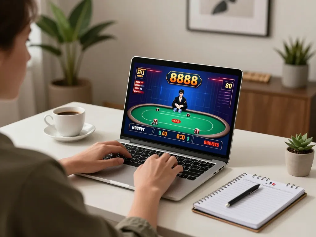 Engaged player using laptop for u888 online casino gaming featuring strategic notes.