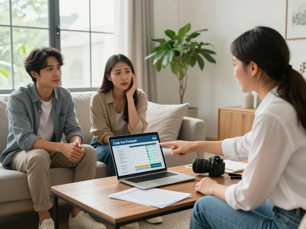 Homeowners considering to sell my house fast for cash in a bright living room with a real estate agent.