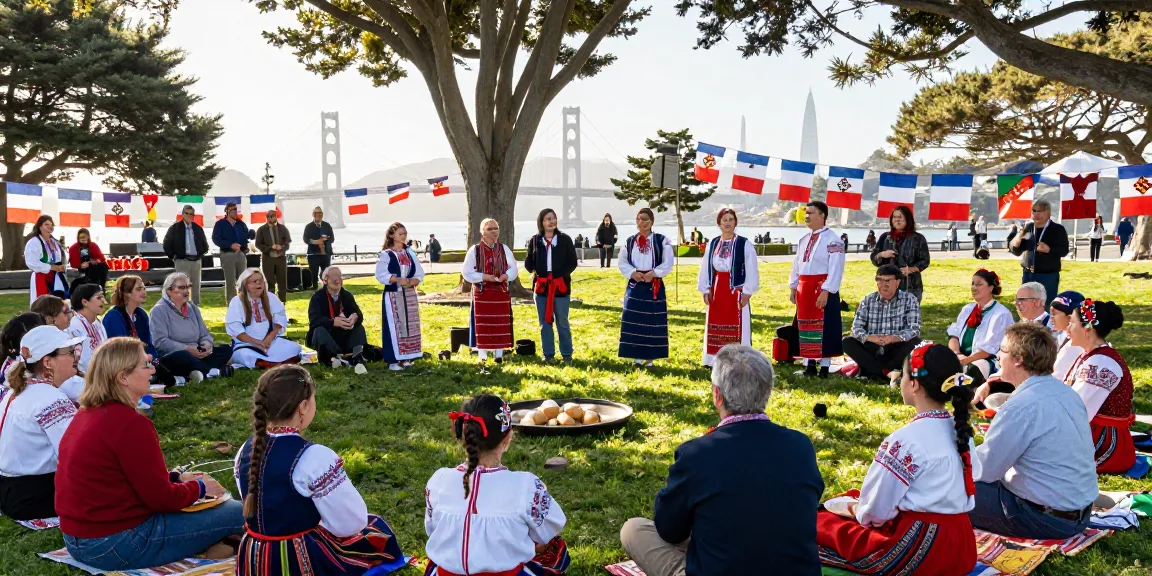 Engaged Polish community gathering in San Francisco showcasing cultural heritage at https://www.sfpol.com/ with traditional attire and homemade food.