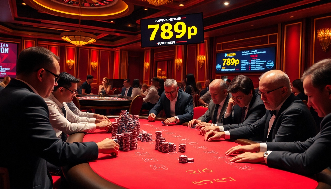 Players engage in high-stakes poker at 789p casino, with vibrant colors and thrilling atmosphere.