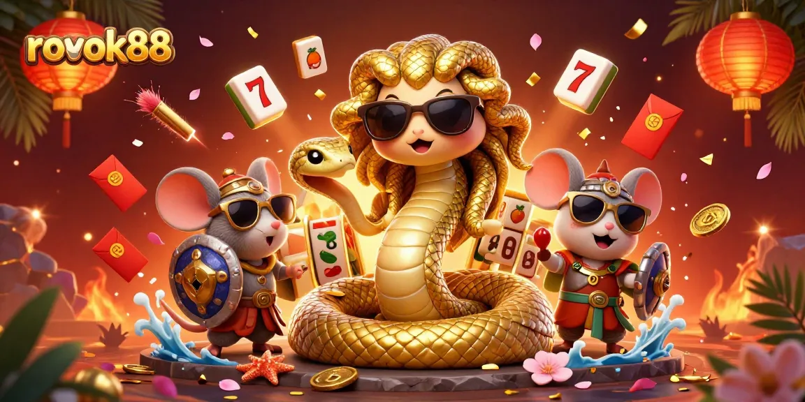 Spin the reels with rokok88 featuring Medusa and a mouse warrior in a vibrant casino scene.