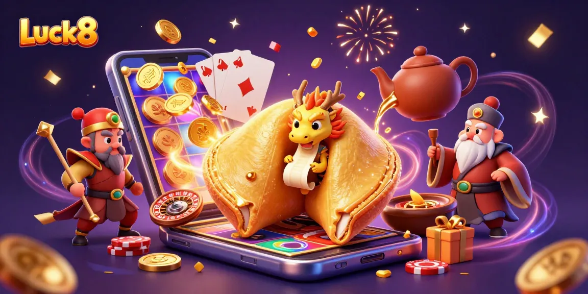 Engage with Luck8 in a vibrant 3D casino scene featuring golden fortune cookie characters and dynamic game elements.