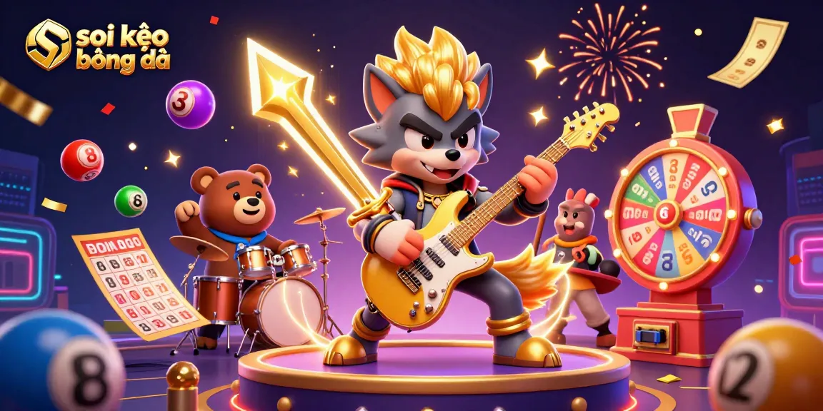 Soi kèo bóng đá with vibrant characters celebrating on a casino stage, energized by dynamic game elements.