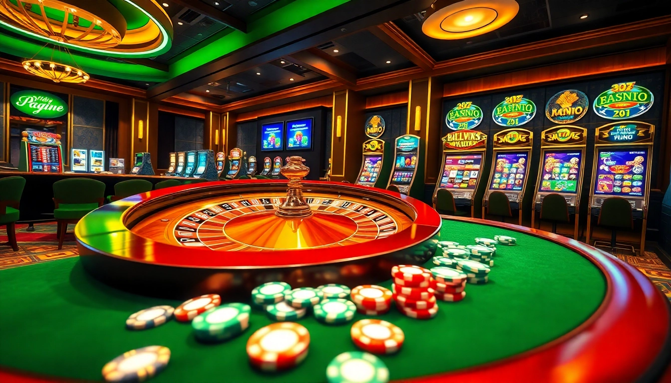 Expérience passionnante de casino en ligne avec roulette numérique et jetons de poker vibrants.