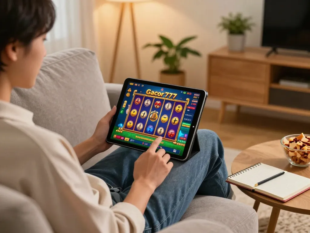 Engaging player enjoying slot gacor 777 online gaming on a tablet in a cozy home environment.