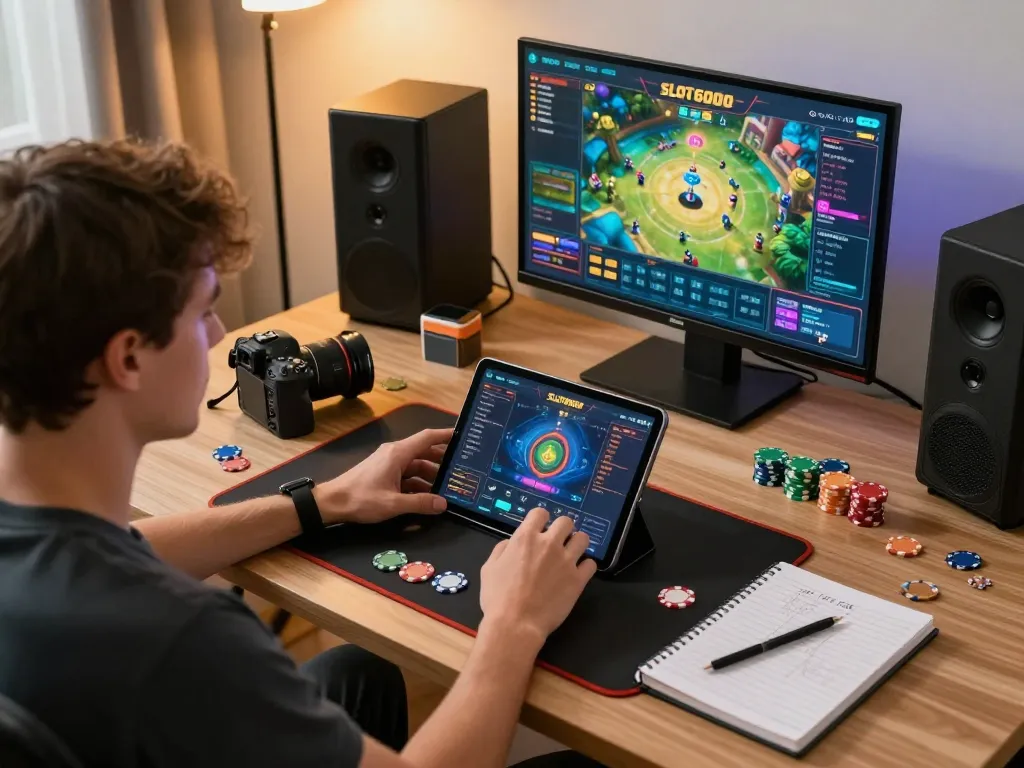 SLOT6000 player engaged in online gaming session with tablet displaying exciting gameplay